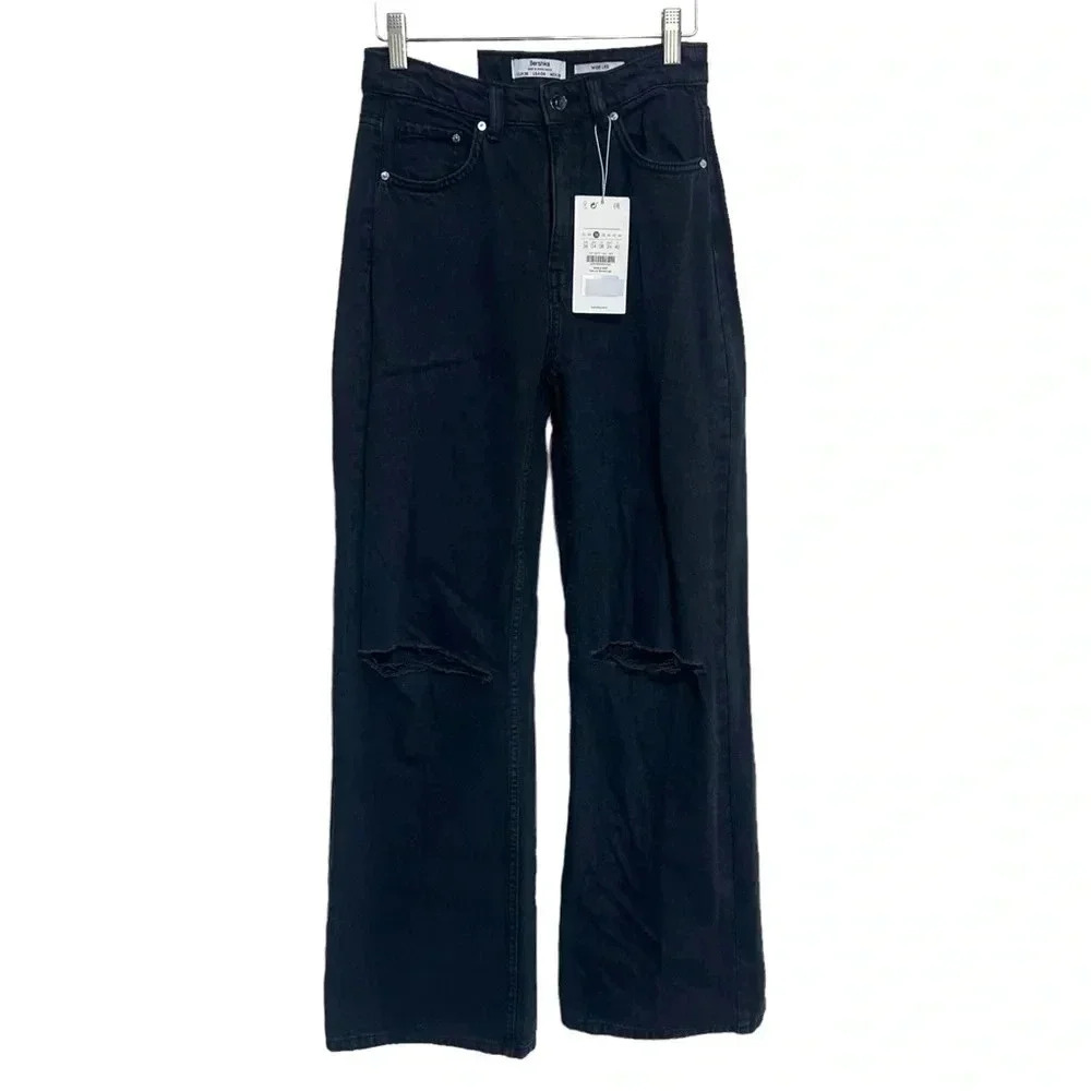 Bershka Wide Leg Jeans Size 4 Black Ripped Knee High Waisted Denim